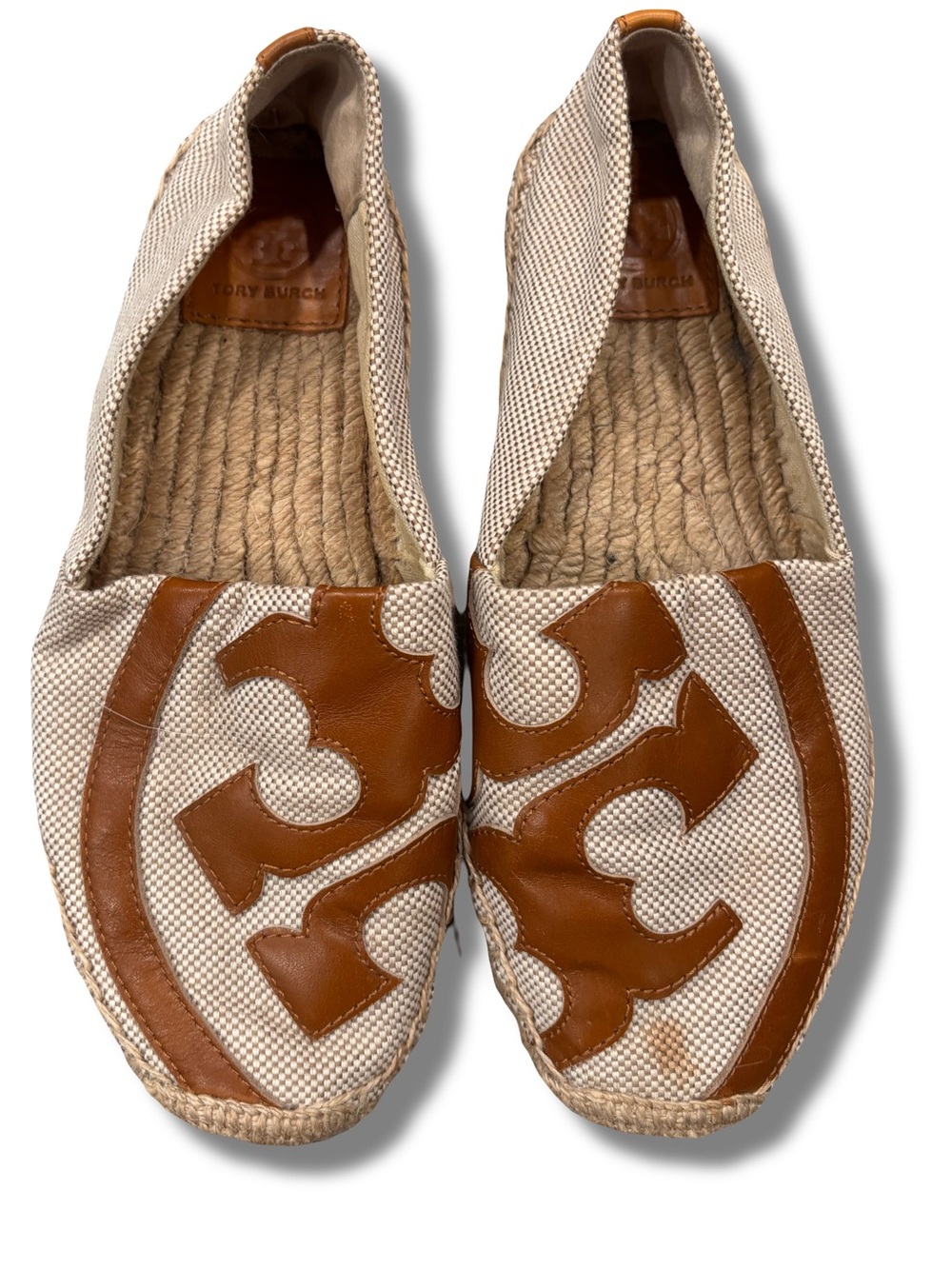 Tory Burch Canvas Lonnie Espadrille Flat Women's Beige/Brown Logo Slip-On